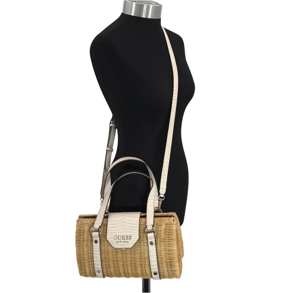GUESS Paloma Rattan satchel Bag Cream Croc Trim Woven Straw Summer‎ Handbag